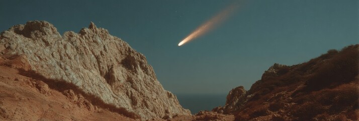 Poster - Rapid comet flying over rocky landscape under starry night sky with glowing tail, symbolizing cosmic threats and Earths vulnerability for climate awareness