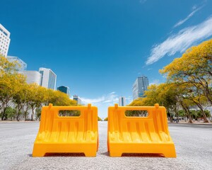 Poster - Urban Road Closure with Vibrant Yellow Barricades on Empty Street under Clear Blue Sky - Traffic Management and City Planning Concept