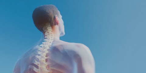 Aufkleber - Futuristic Digital Backbone Holographic Scan Over Semi-Transparent Patient Figure in Minimalist Clinical Setting for Precision Medical Diagnosis