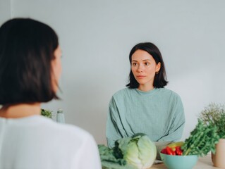 Aufkleber - Young Female Nutritionist Providing Personalized Dietitian Advice with Fresh Vegetables for Wellness and Balanced Nutrition Promotion