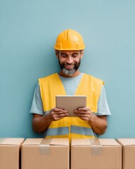 Poster - Smiling Warehouse Worker in Safety Vest Using Tablet for Inventory Management in Modern Distribution Center - Efficient Logistic Operations with Digital Tools