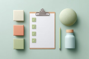 Poster - Minimalist Workspace Flatlay with Clipboard Checklist and Green Check Marks Highlighting Productivity and Modern Business Efficiency