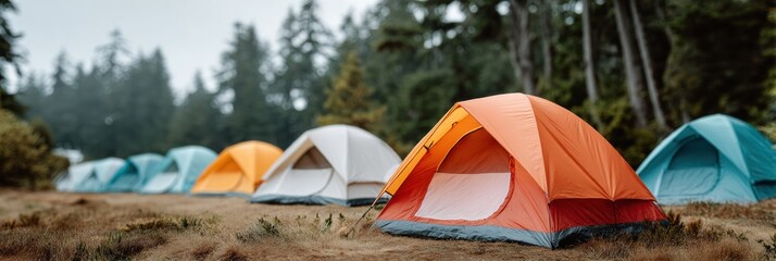 Poster - Vibrant Outdoor Community Camp with Colorful Tents in Forest Setting Promoting Local Engagement and Wellness in Nature Recreation Events