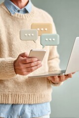 Poster - Modern AI Chatbot Interface with Smartphone and Laptop for Business Communication and Enhanced Client Engagement in IT Marketing