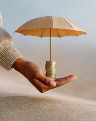 Poster - Modern Minimalist Financial Protection Concept with Hand Holding Umbrella Sheltering Stacked Coins for Wealth Preservation and Insurance Promotion