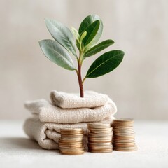 Aufkleber - Sustainable Capital Growth Concept with Green Sprout on Stacked Coins and Natural Fabric for Eco-Friendly Investment and Future Financial Security