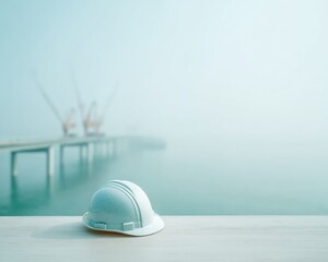 Poster - Minimalist Bridge Construction Scene with Hard Hat and Cranes in Foggy Background Highlighting Engineering Precision and Project Planning for Business Use