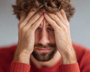 Poster - Stressed Trader with Head in Hands Experiencing Financial Market Crash Anxiety in Modern Workplace with Multiple Screens and Cluttered Desk