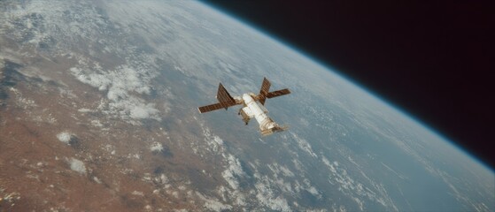 Poster - Advanced Modular Space Station Docking in Earth Orbit with Extended Solar Panels Highlighting International Aerospace Collaboration and Innovation