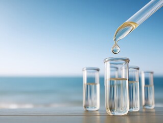 Poster - Transparent liquid drop falling from pipette into test tube against serene blue ocean background for innovative scientific research and clinical testing