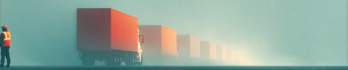 Poster - Border Security Checkpoint with Customs Officer in Reflective Vest Inspecting Trucks at Busy Control Gate - Modern Logistics, Safety, and International Trade Oversight