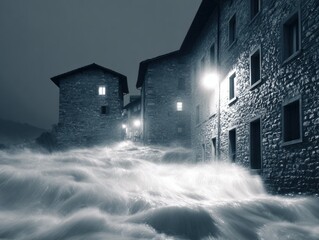 Poster - Intense River Flooding Sweeps Through Stone Houses at Night Symbolizing Urgent Natural Disaster Preparedness and Property Risk Mitigation