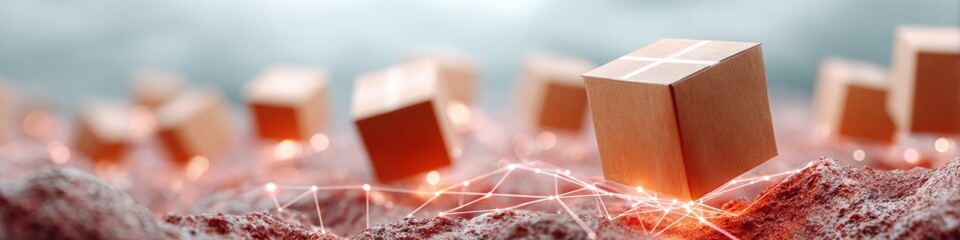 Poster - Decentralized digital freight network with glowing blockchain links connecting cardboard cargo boxes for advanced secure and efficient logistics tracking systems