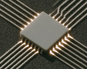 Aufkleber - Quantum AI Chip with Illuminated Circuitry on Textured Surface Symbolizing Advanced Computing and Smart Automation in Tech Innovation