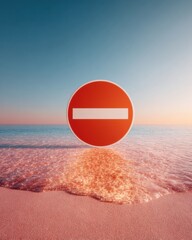 Aufkleber - Modern No Entry Sign Bold Minimalist Design Floating Above Pink Sandy Beach with Calm Ocean Horizon for Digital Warning and Visual Communication