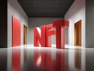 Poster - Modern NFT Marketplace Gallery Interior with Bold Red Letters and Pixel Art Displays Symbolizing Digital Art Evolution and Tech Innovation