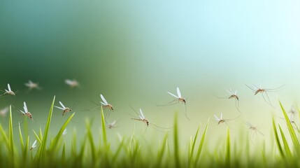 Poster - Mosquito Swarm Flying Low Over Grassy Field with Blades of Grass - Outdoor Pest Control and Public Health Awareness Banner Image