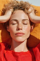 Aufkleber - Mindful Rest Portrait of Young Woman with Eyes Closed Lying on Cozy Textured Couch Cushions Relaxing for Wellness and Stress Relief Concept