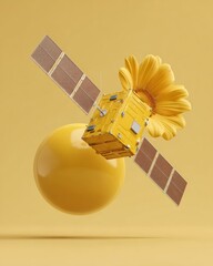Aufkleber - Modern Satellite Technology with Solar Panels and Floral Element in Yellow Tones for Aerospace and Climate Monitoring Innovations