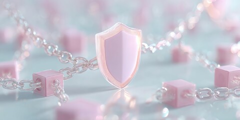 Poster - Glowing Shield Icon Over Digital Blockchain Chains on Microchip Surface Symbolizing Advanced Cybersecurity and Secure Digital Infrastructure Protection