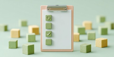Poster - Minimalist digital checklist on clipboard with textured cubes, symbolizing structured organization and quality control in modern office and audit environments