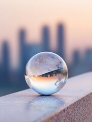 Aufkleber - Crystal Globe on Rooftop Ledge with Cityscape Bokeh - Modern Global Finance and International Trade Concept for Investment Marketing