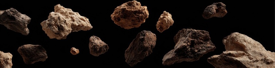 Poster - Floating Rocky Debris with Rugged Texture in Midair Representing Chaos and Disruption for Modern Advertising and Creative Branding Projects
