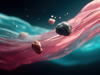 Poster - Dynamic Asteroid Fragments Floating in Dark Cosmic Space with Trailing Dust Futuristic Space Debris Concept for Science and Marketing Campaigns