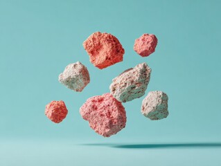Poster - Floating Asteroid Debris Cluster with Textured Surfaces on Minimalist Background for Cosmic Evolution and Dynamic Digital Marketing Concepts