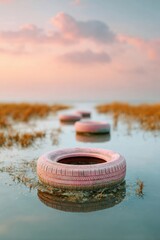 Poster - Waterlogged abandoned rubber tires in marshy grassland highlighting pollution and environmental neglect for sustainability and eco awareness campaigns