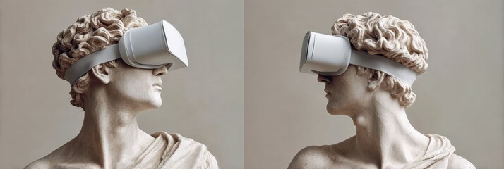 Poster - Classical Sculpture of David Wearing Virtual Reality Headset Side Profile Merging Ancient Art with Modern Tech for Innovation Marketing