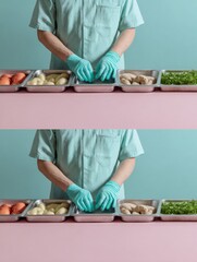 Aufkleber - Professional Kitchen Worker Wearing Disposable Gloves Preparing Fresh Vegetables on Organized Counter for Safe Food Handling and Hygiene Practices