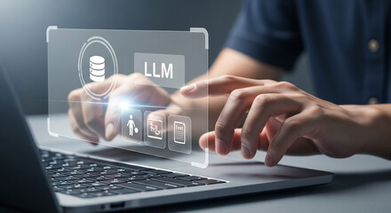 Aufkleber - Person using laptop with llm interface overlay showing database and other function icons displayed