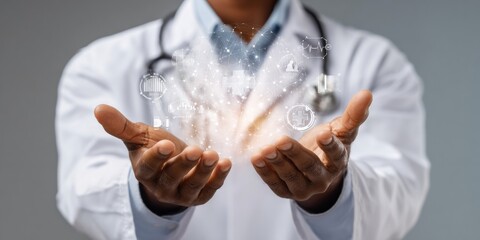Poster - Male Doctor Using AI-Powered Digital Medical Icons for Advanced Healthcare Integration and Future Patient Care Technology Innovation