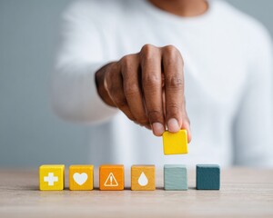 Aufkleber - Modern Workplace Safety Hand Stacking Wooden Blocks with Health and Environment Icons Highlighting Structured Risk Management in Corporate Settings