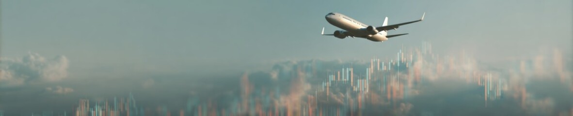 Aufkleber - Modern Financial Simulation Airplane Flying Above Digital Graphs Symbolizing Aviation Industry Innovation and Global Economic Connectivity for Business Growth