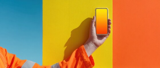 Poster - Emergency Contact Worker Holding Smartphone with Emergency Call Display, Focused at Bright Desk for Workplace Safety and Preparedness Campaigns