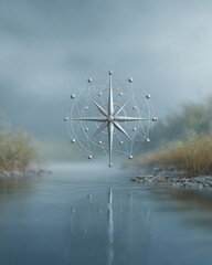 Poster - Futuristic Digital Compass with Network Lines Floating over Misty Water Landscape Symbolizing Tech Navigation and Exploration for Innovative Branding
