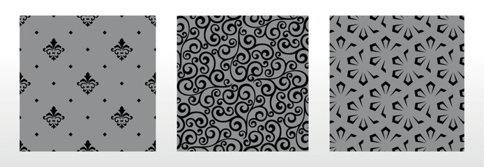 Aufkleber - Geometric floral set of seamless patterns. Gray and black vector backgrounds. Damask graphic ornaments