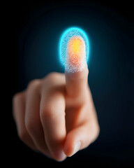 Poster - A close-up of a finger pressing a glowing fingerprint scanner, symbolizing biometric security and digital identity verification.
