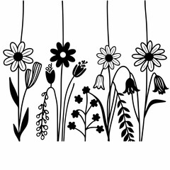 Poster - Elegant black and white floral vector illustration depicting various flower silhouettes with transparent background