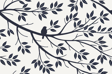 Poster - Elegant silhouette of a bird perched on a tree branch with detailed leaves on a transparent background