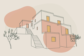Poster - Minimalist architectural illustration depicting a modern house with a staircase and decorative elements on a neutral background