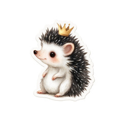 Poster - Charming watercolor hedgehog portrait wearing golden crown on isolated transparent backdrop