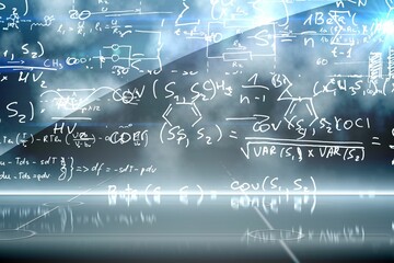 Poster - Math and chemical formulas are floating above reflective surface in digital visualization, glowing