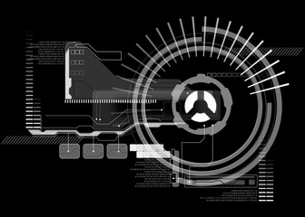Poster - Displaying monochrome HUD featuring rotating gear-like gauge, linking nodes, streaming binary code
