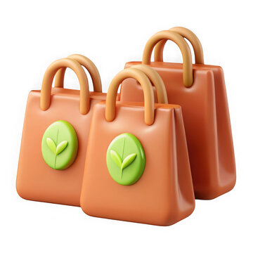 Three brown shopping bags with green leaves, isolated on transparent background