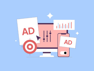 Poster - Ad optimization tools and analytics, digital campaign settings and advertising performance tracking on desktop and mobile. Targeting ad media buying in flat simple modern style vector illustration