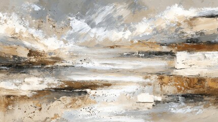 Poster - Vibrant art reflects a tranquil landscape with soft browns and whites. The brushwork creates a sense of movement and depth, evoking a calm evening atmosphere in nature.