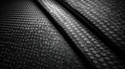 Poster - Detailed woven fabric with a unique checkerboard pattern features varying textures and shades of black. The subtle light enhances the fabric's depth and complexity, showcasing craftsmanship.